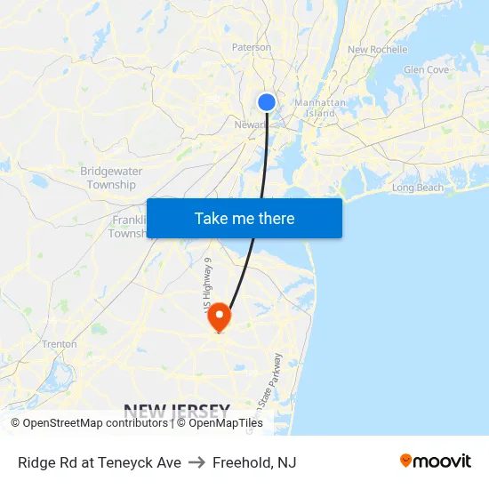 Ridge Rd at Teneyck Ave to Freehold, NJ map