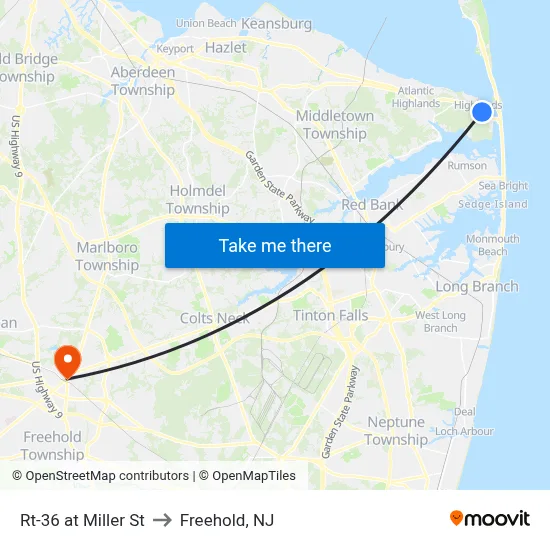 Rt-36 at Miller St to Freehold, NJ map
