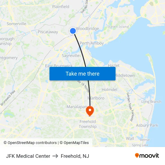 JFK Medical Center to Freehold, NJ map