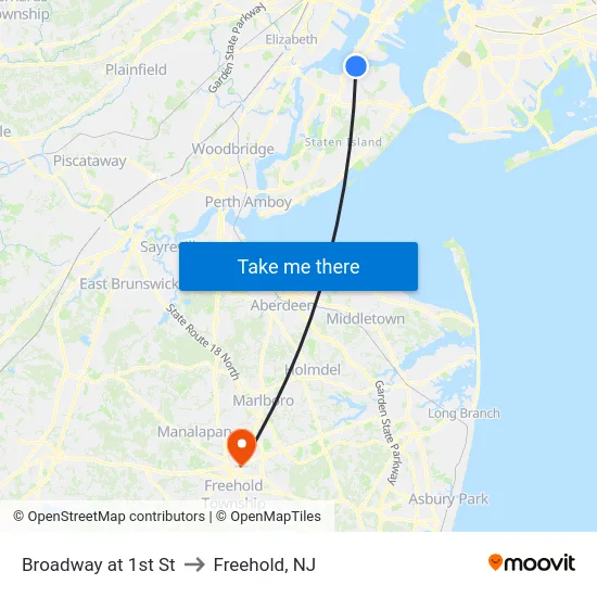 Broadway at 1st St to Freehold, NJ map