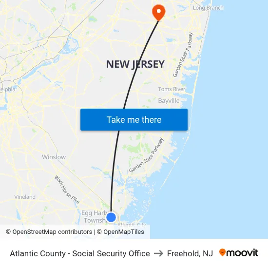 Atlantic County - Social Security Office to Freehold, NJ map