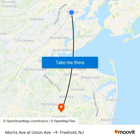 Morris Ave at Union Ave to Freehold, NJ map