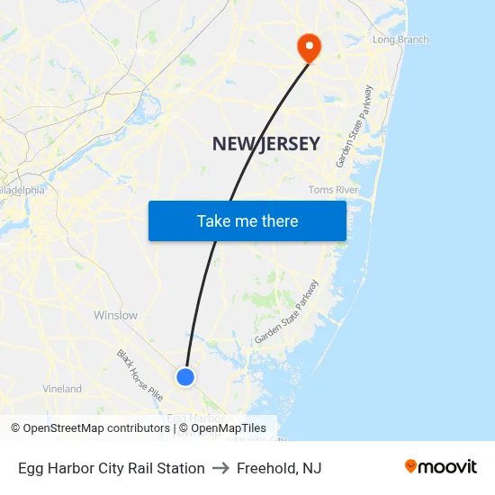Egg Harbor City Rail Station to Freehold, NJ map