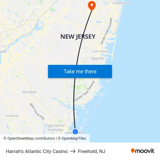 Harrah's Atlantic City Casino to Freehold, NJ map