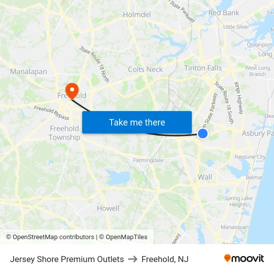 Jersey Shore Premium Outlets to Freehold, NJ map