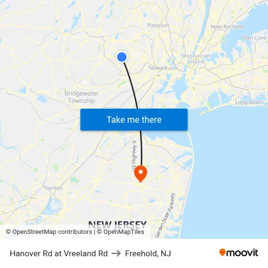 Hanover Rd at Vreeland Rd to Freehold, NJ map