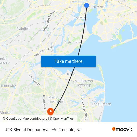 JFK Blvd at Duncan Ave to Freehold, NJ map