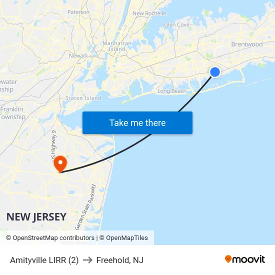 Amityville LIRR (2) to Freehold, NJ map