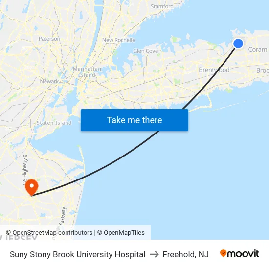 Suny Stony Brook University Hospital to Freehold, NJ map