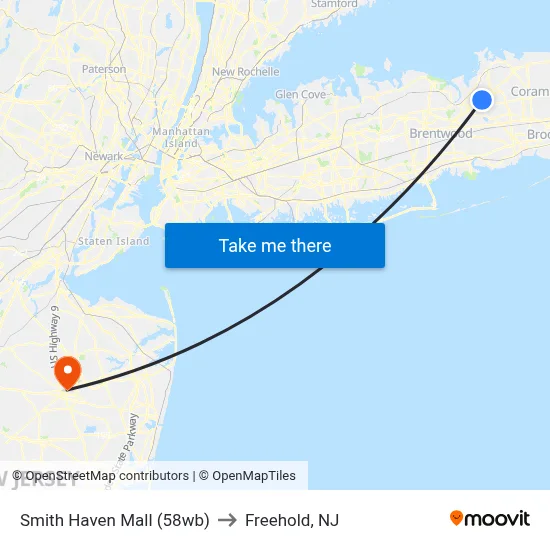 Smith Haven Mall (58wb) to Freehold, NJ map