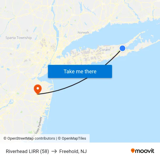 Riverhead LIRR (58) to Freehold, NJ map