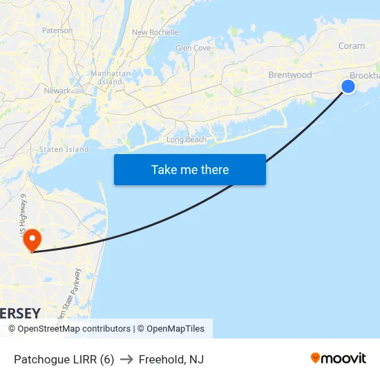Patchogue LIRR (6) to Freehold, NJ map