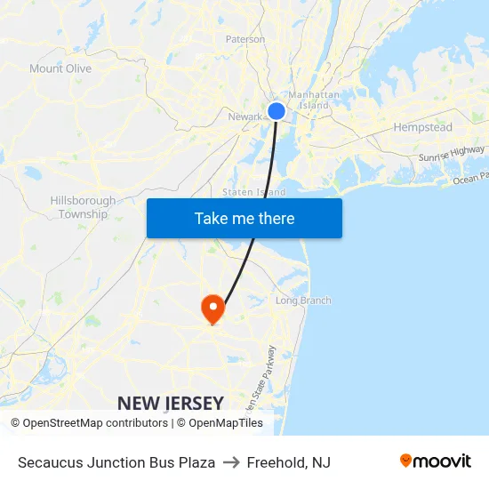 Secaucus Junction Bus Plaza to Freehold, NJ map