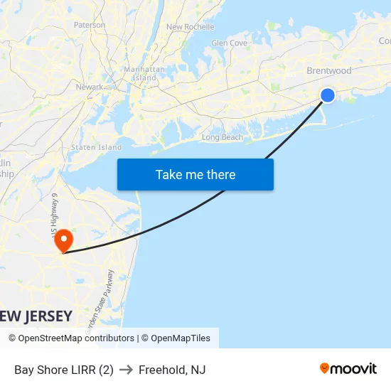 Bay Shore LIRR (2) to Freehold, NJ map