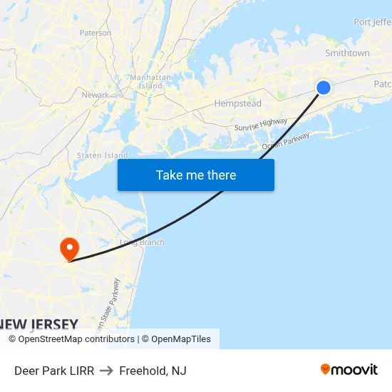 Deer Park LIRR to Freehold, NJ map