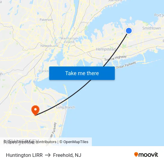 Huntington LIRR to Freehold, NJ map