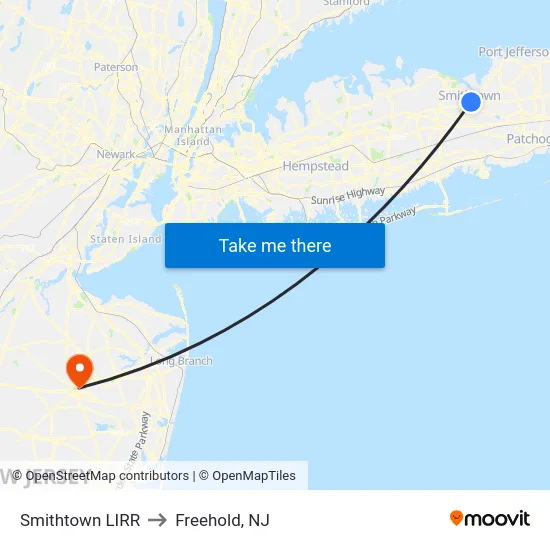 Smithtown LIRR to Freehold, NJ map