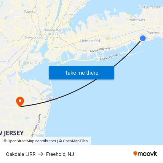 Oakdale LIRR to Freehold, NJ map