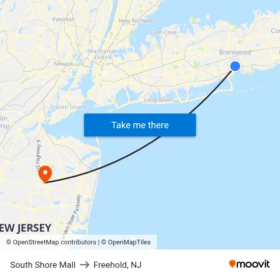 South Shore Mall to Freehold, NJ map