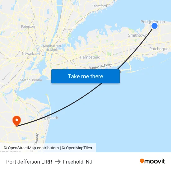 Port Jefferson LIRR to Freehold, NJ map