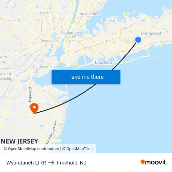 Wyandanch LIRR to Freehold, NJ map