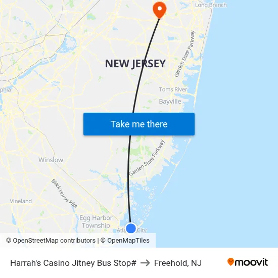 Harrah's Casino Jitney Bus Stop# to Freehold, NJ map