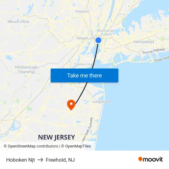 Hoboken Njt to Freehold, NJ map