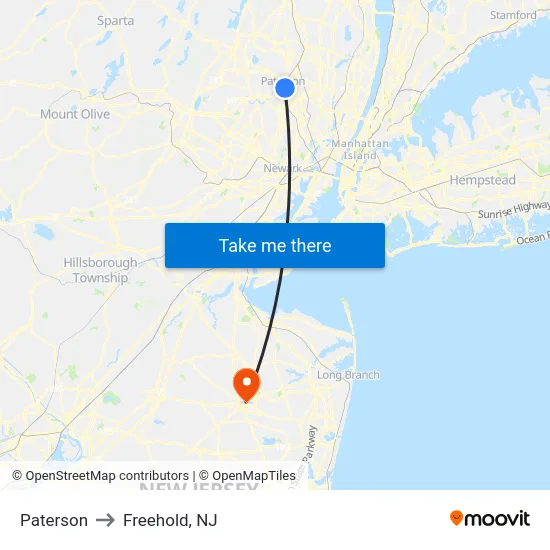 Paterson to Freehold, NJ map