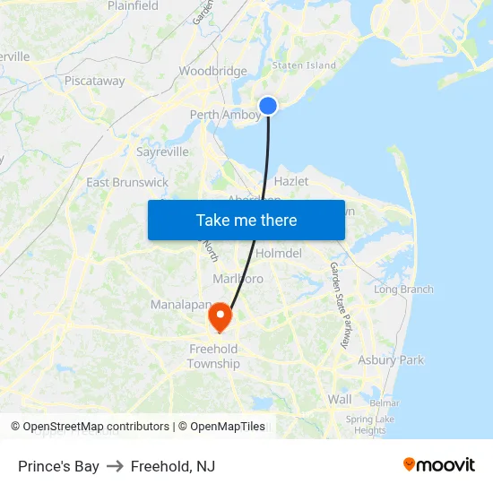 Prince's Bay to Freehold, NJ map