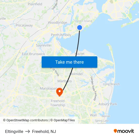 Eltingville to Freehold, NJ map