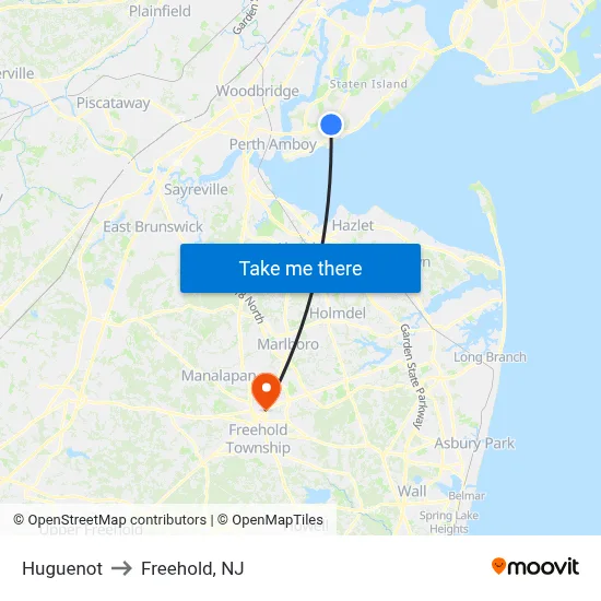 Huguenot to Freehold, NJ map