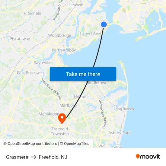 Grasmere to Freehold, NJ map