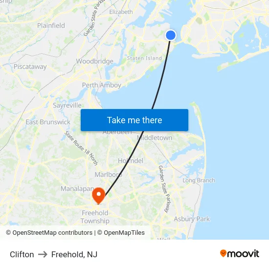 Clifton to Freehold, NJ map