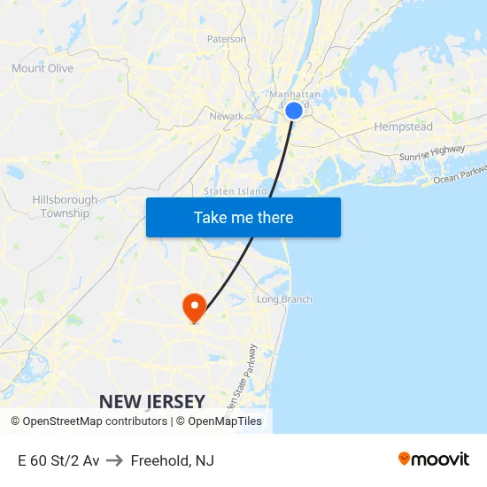 E 60 St/2 Av to Freehold, NJ map