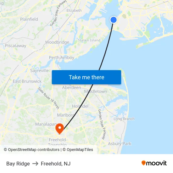 Bay Ridge to Freehold, NJ map