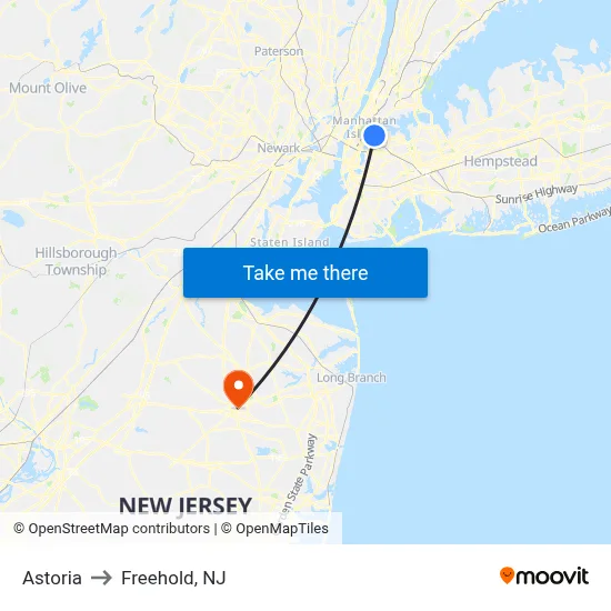 Astoria to Freehold, NJ map