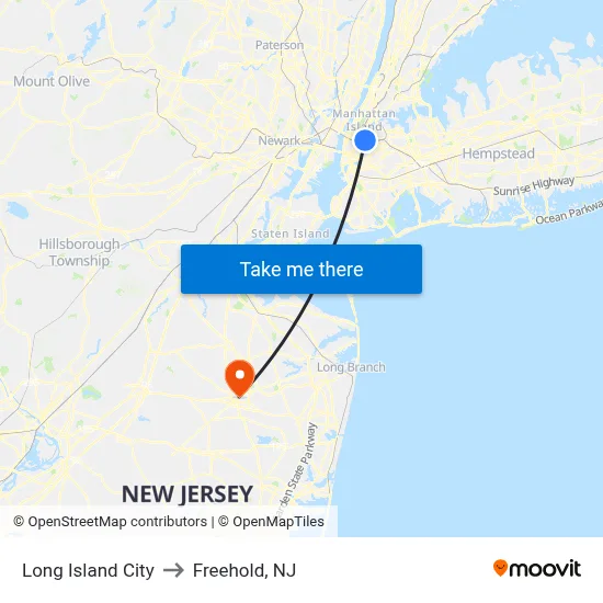 Long Island City to Freehold, NJ map