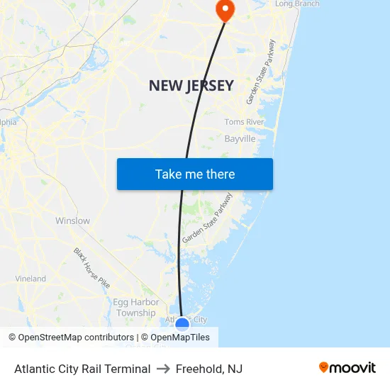 Atlantic City Rail Terminal to Freehold, NJ map