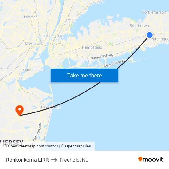Ronkonkoma LIRR to Freehold, NJ map