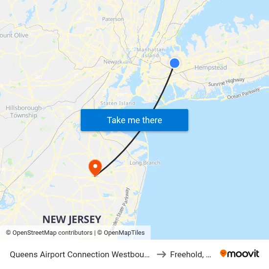 Queens Airport Connection Westbound to Freehold, NJ map