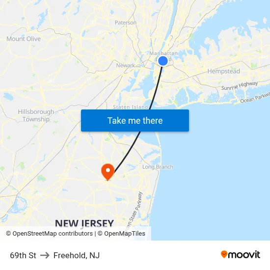 69th St to Freehold, NJ map