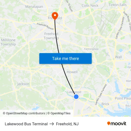 Lakewood Bus Terminal to Freehold, NJ map