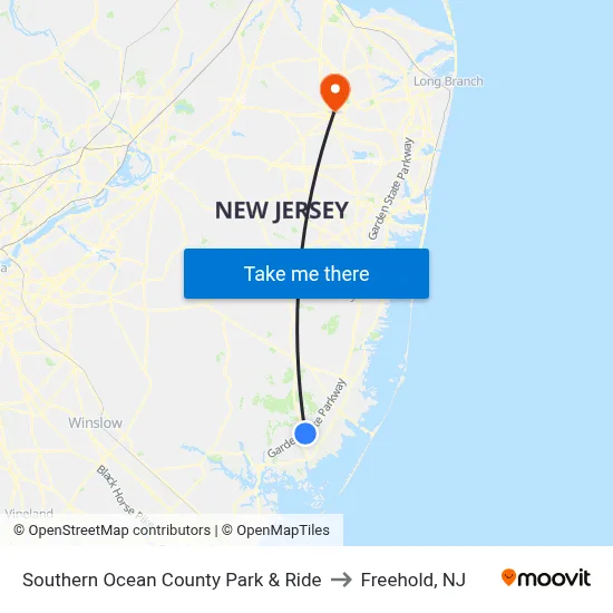Southern Ocean County Park & Ride to Freehold, NJ map