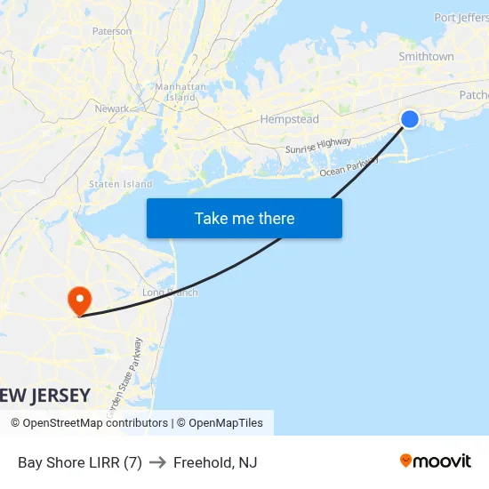 Bay Shore LIRR (7) to Freehold, NJ map