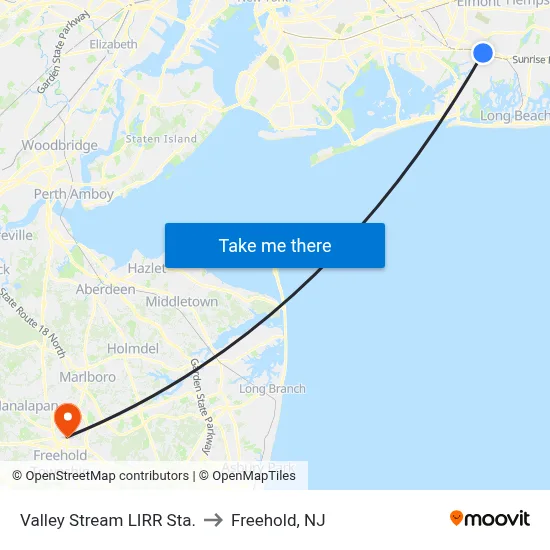 Valley Stream LIRR Sta. to Freehold, NJ map