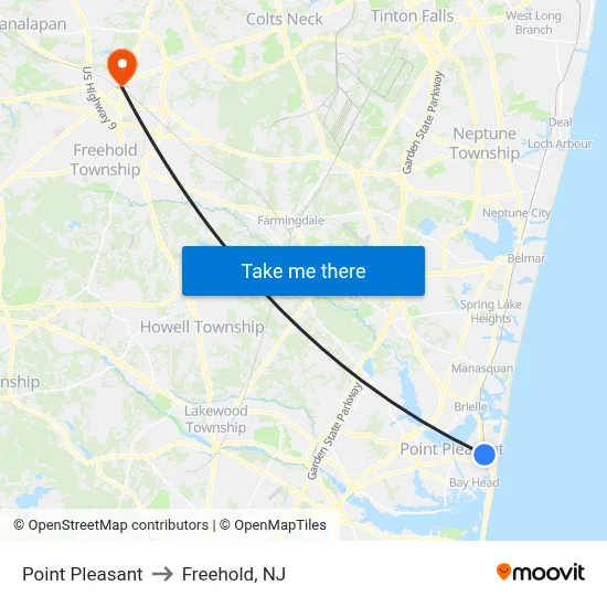Point Pleasant to Freehold, NJ map