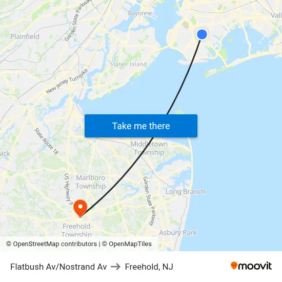 Flatbush Av/Nostrand Av to Freehold, NJ map