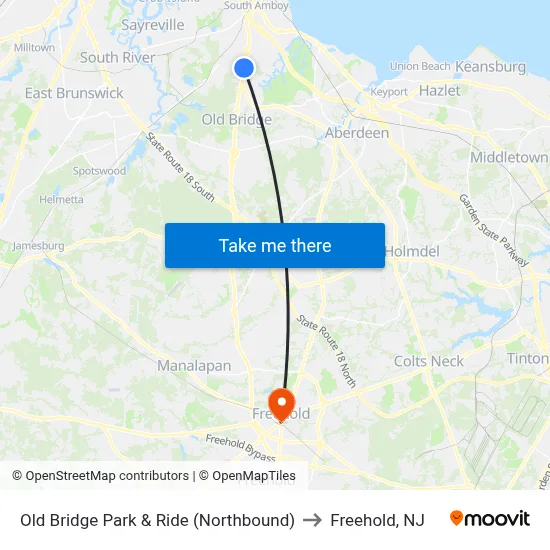 Old Bridge Park & Ride (Northbound) to Freehold, NJ map