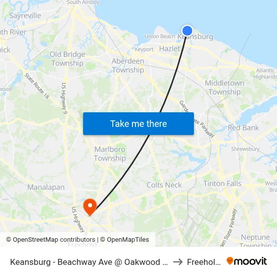 Keansburg -  Beachway Ave @ Oakwood Pl (Northbound) to Freehold, NJ map