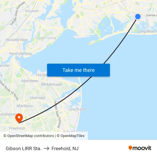 Gibson LIRR Sta. to Freehold, NJ map